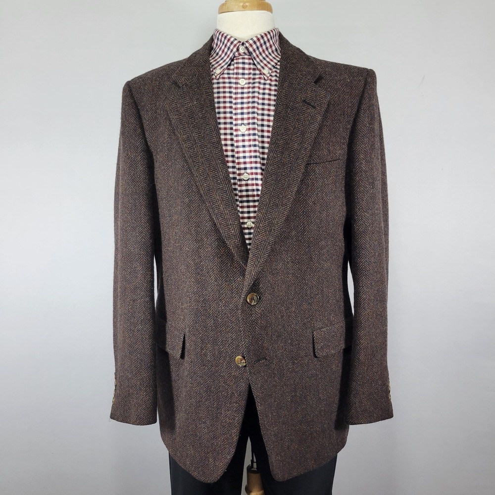 John Weitz Men's Tweed Sport‎ Coat Blazer Two Button Brown Herringbone Wool 46L